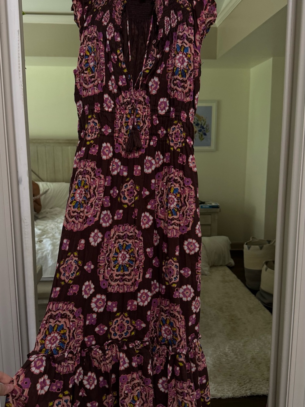 Cleobella Burgundy Midi Dress with Pink Floral Medallions